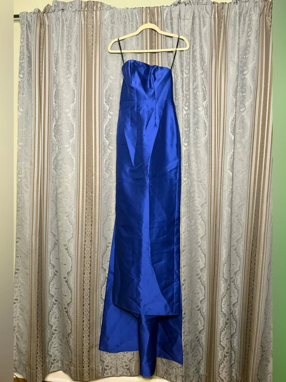 Alfred Sung Strapless Satin Column Dress Removable Watteau Train Cobalt Blue - Picture 4 of 8